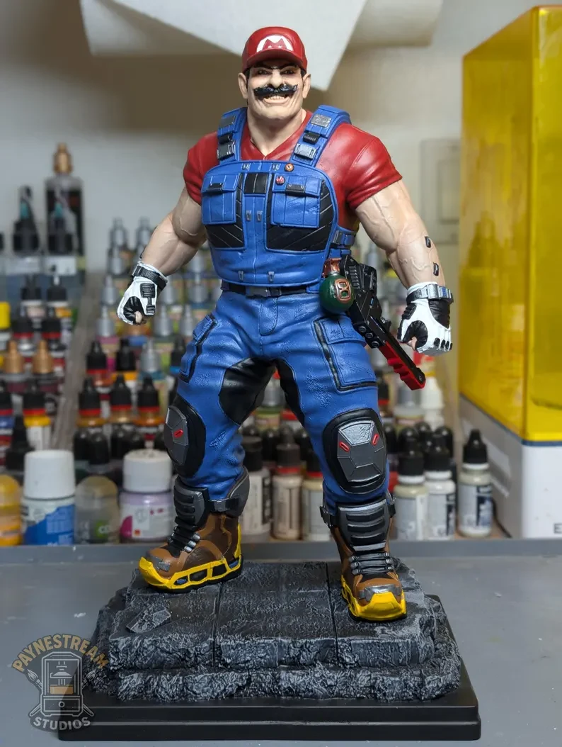 Completed hand-painted Retro Plumber Hero Statue by Paynestream Studios